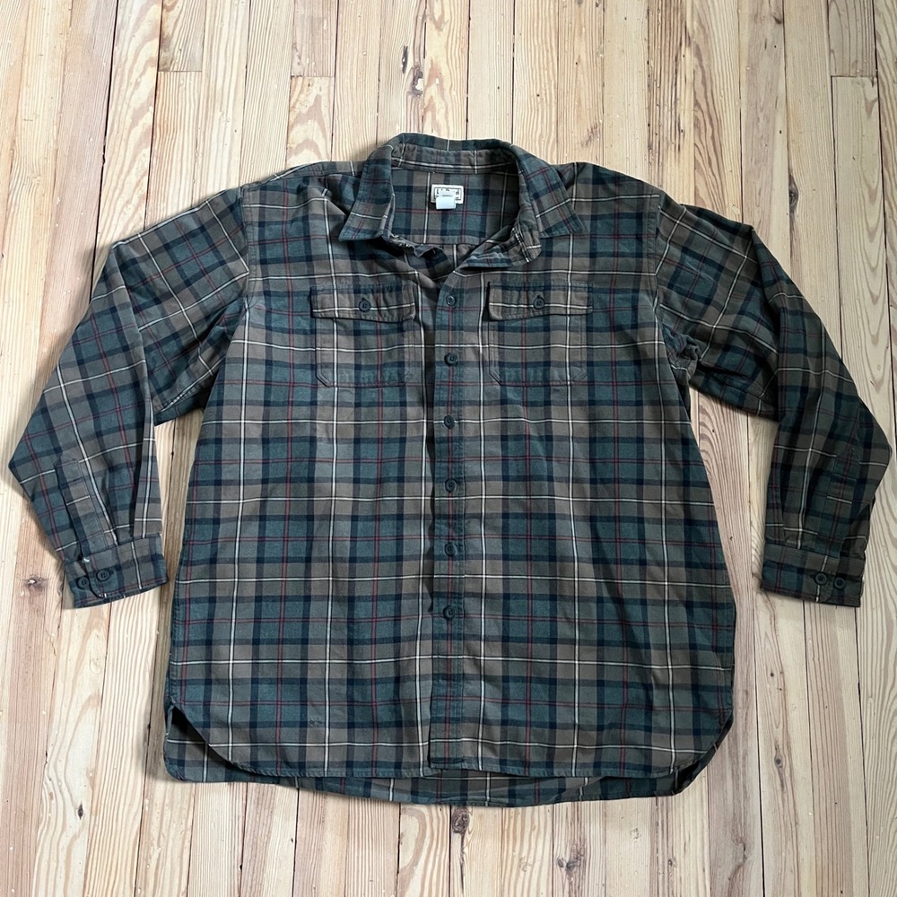 L.L.Bean Corduroy Button Down Flannel Men XXL Tall Green Brown Plaid Long Sleeve